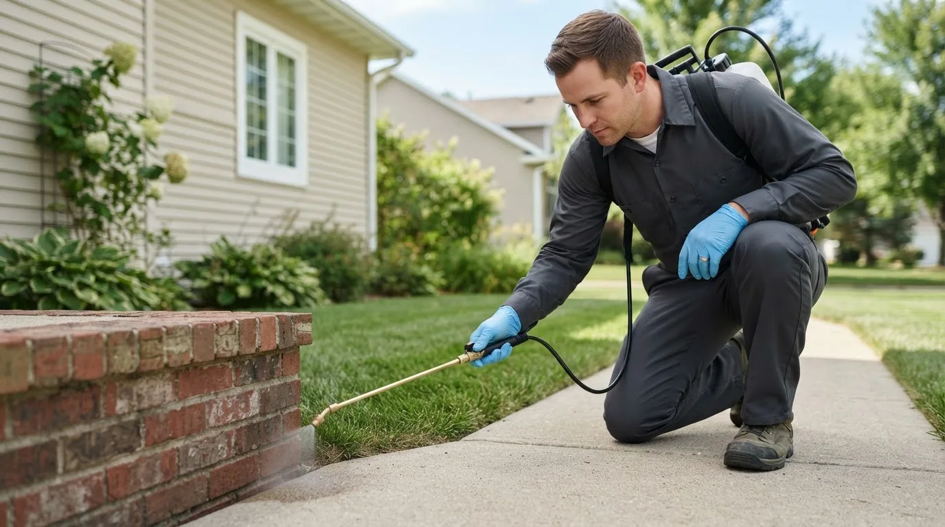 Pest control technician treating a home near Quanah, TX