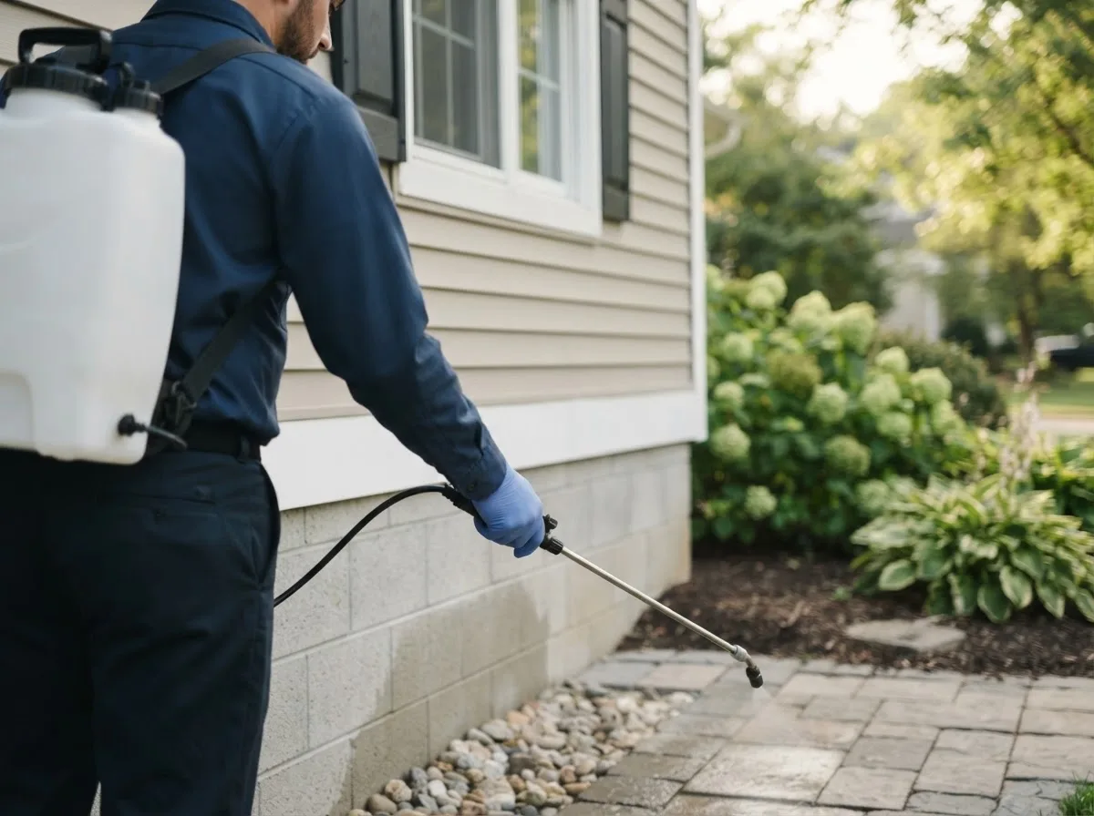 Pest control technician inspecting a home in Quanah, TX